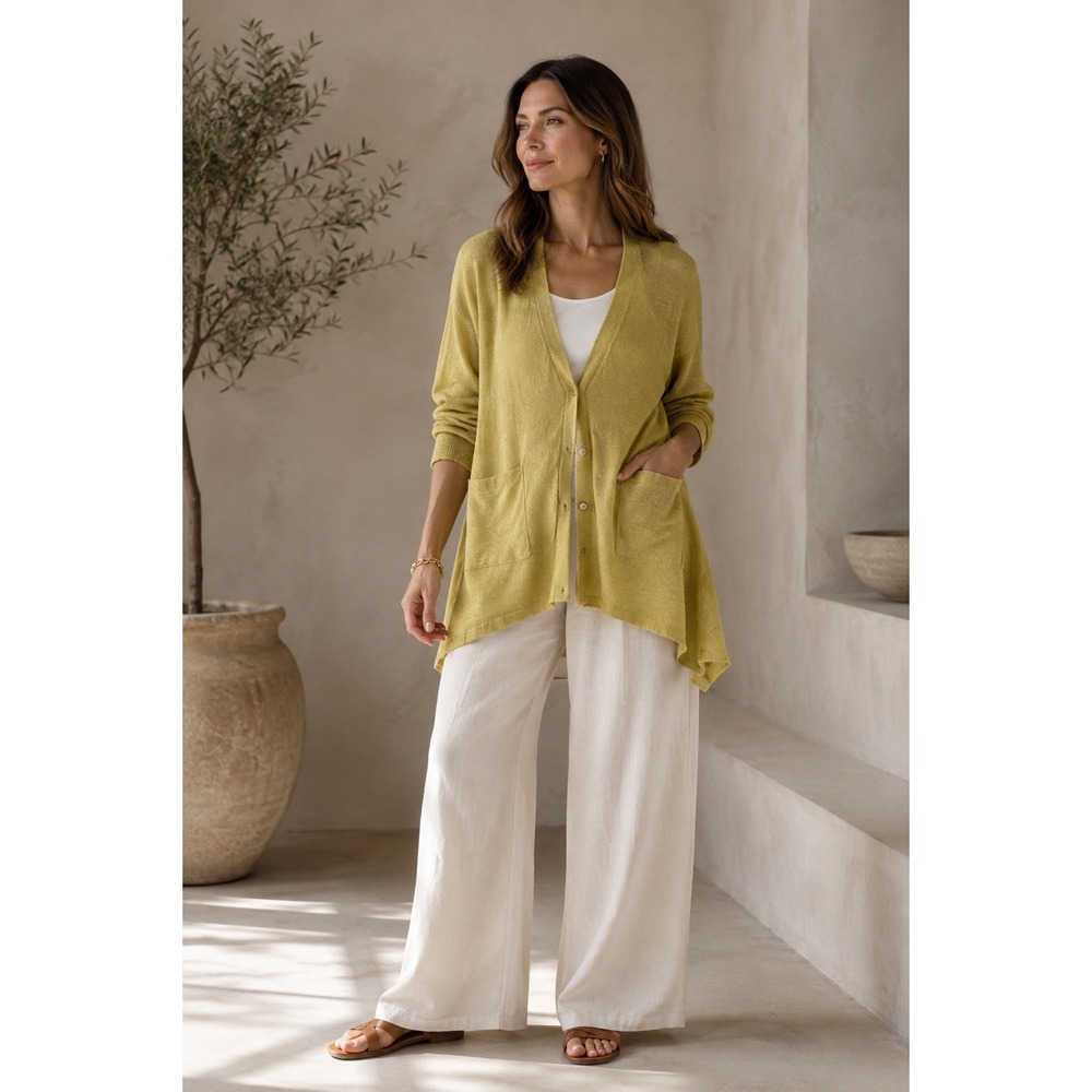 Eileen Fisher 1X 100% Linen Cardigan Sweater Chartreuse Green Draped Pockets